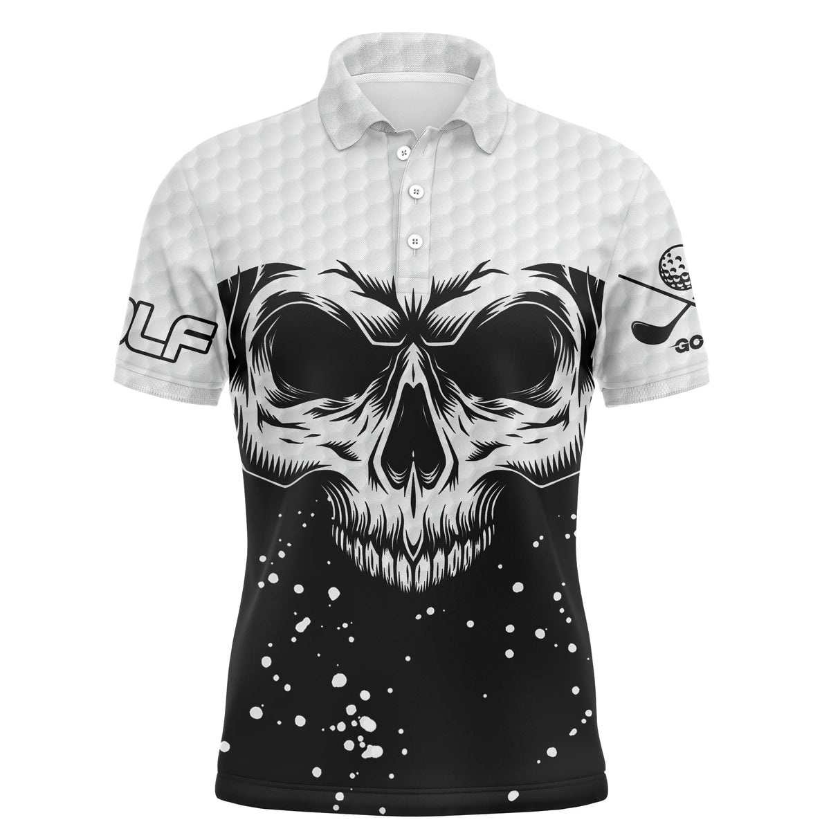 Polo golf homme manches courtes design crâne noir et blanc, marquage prénom personnalisable