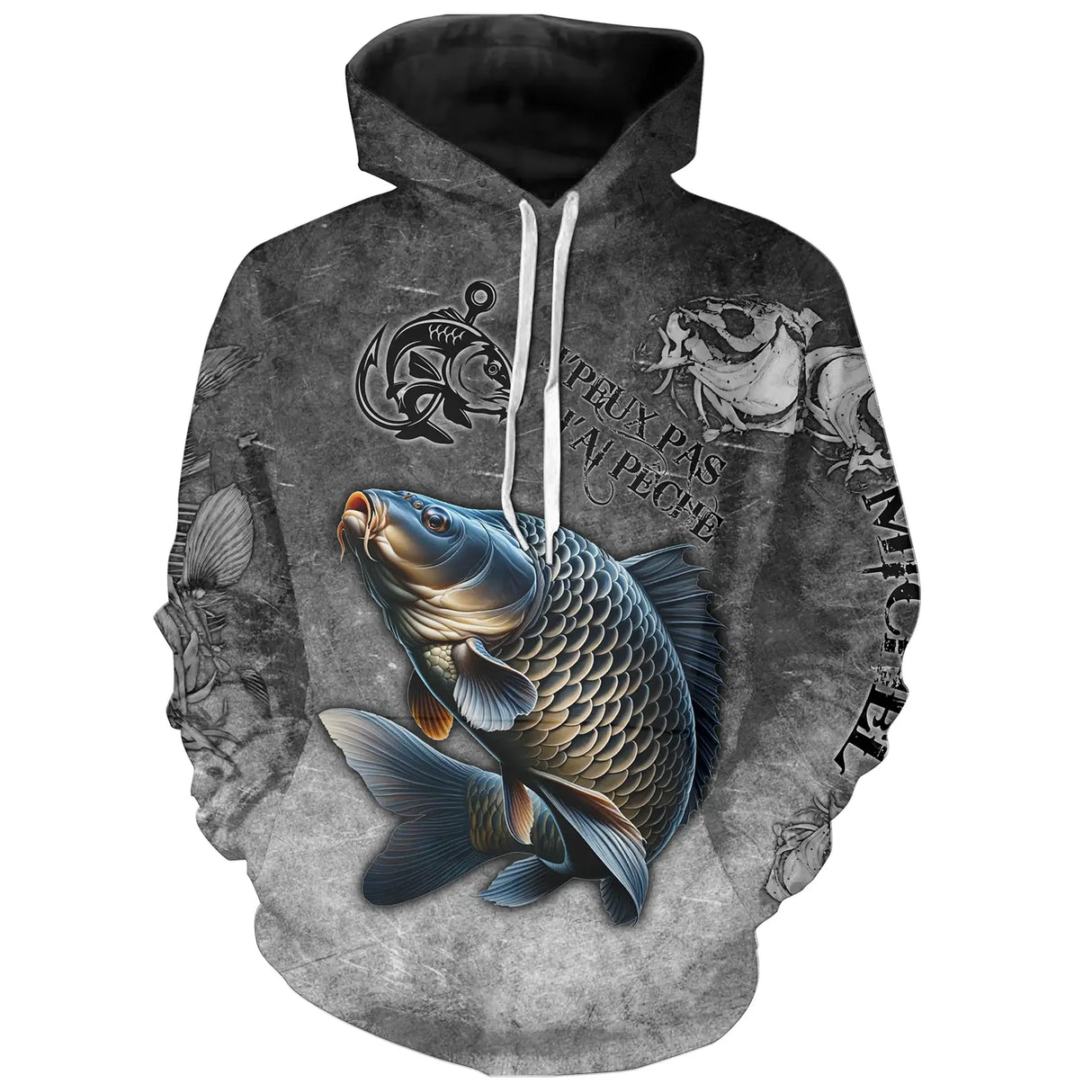 T-shirt all-over col rond pêche carpe humour, motif carpe et hameçons gris ardoise, accessoire personnalisable carpiste