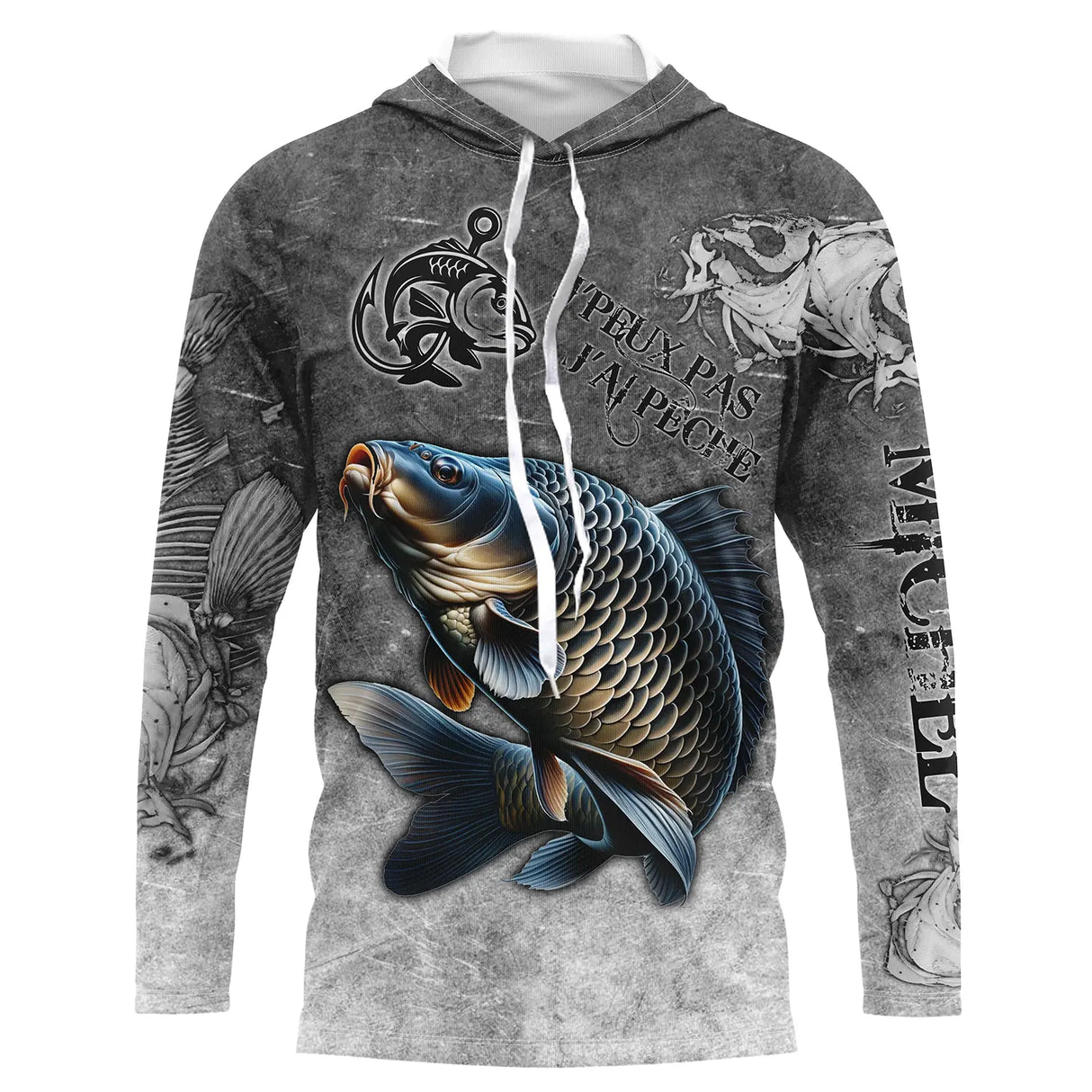 T-shirt anti UV à capuche pêche carpe humour, fond gris ardoise avec carpe miroir bondissante, hameçons stylisés et prénom