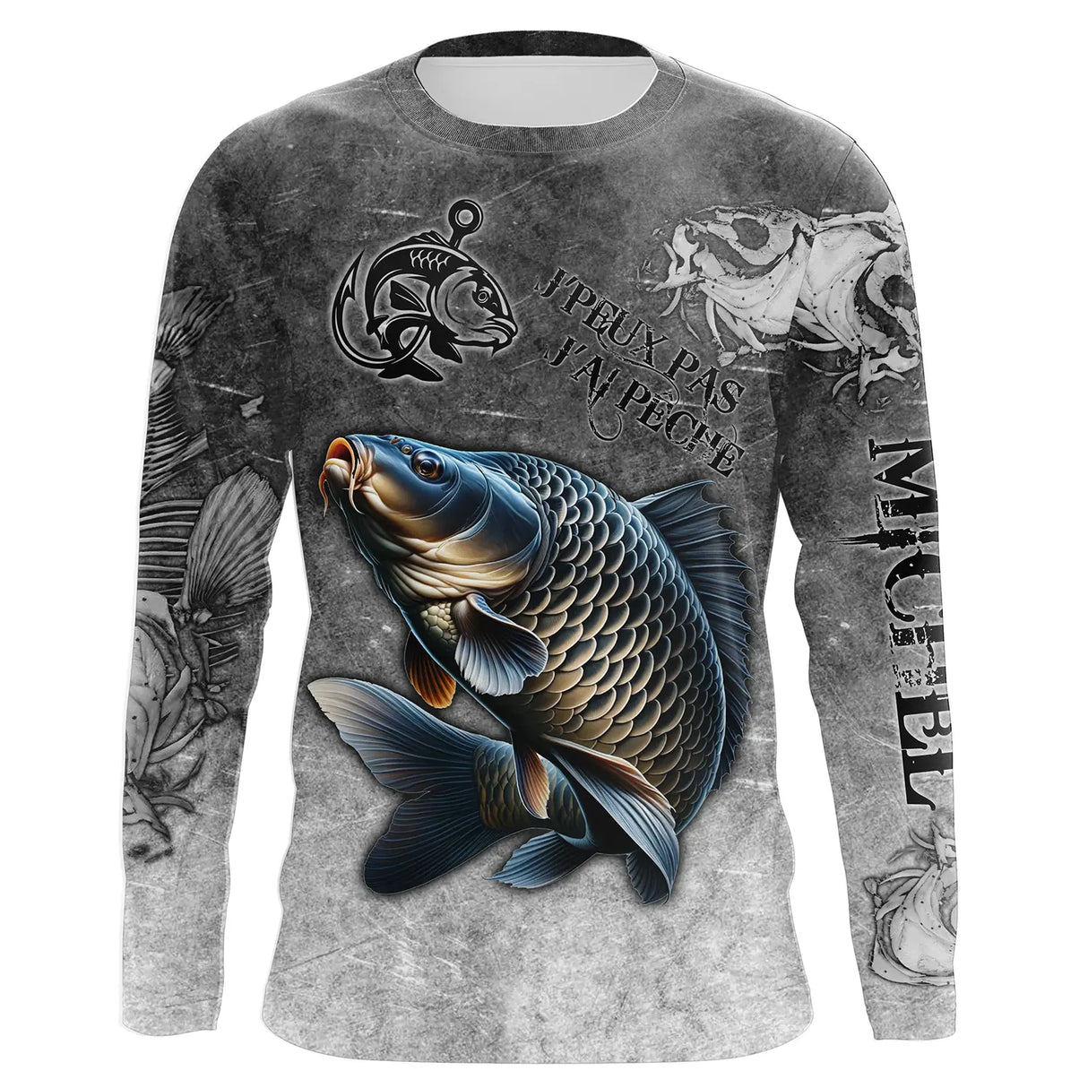 T-shirt anti UV manches longues pêche carpe humour, design gris patiné et carpe en action, vêtement halieutique pour carpiste