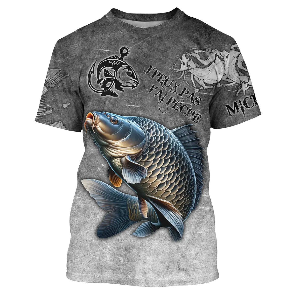 Sweat à capuche all-over pêche carpe humour, fond gris ardoise avec carpe miroir et hameçons, vêtement chaud carpiste