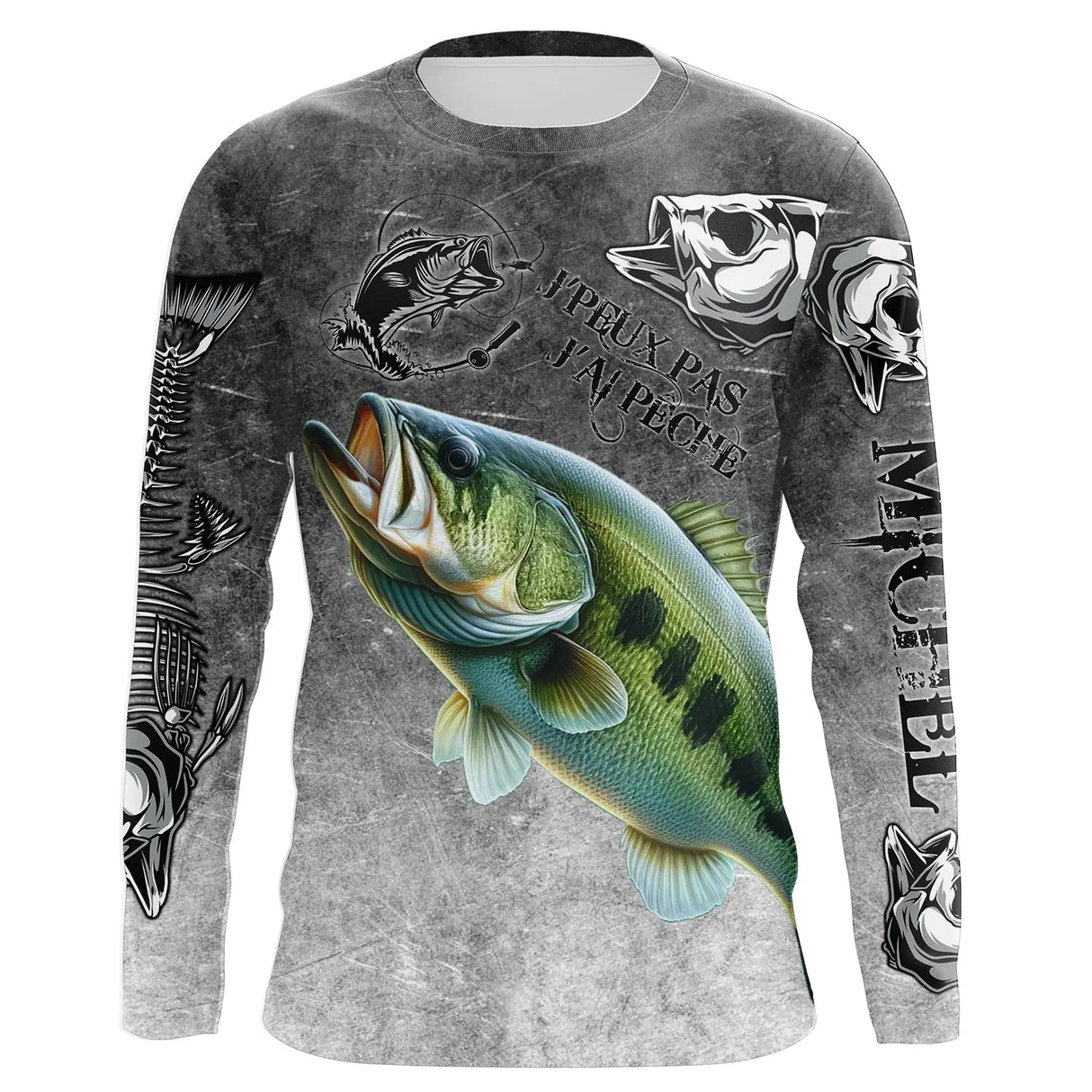 T-shirt anti UV manches longues pêche bar humour, design gris patiné et loup en action, vêtement halieutique pêcheur littoral