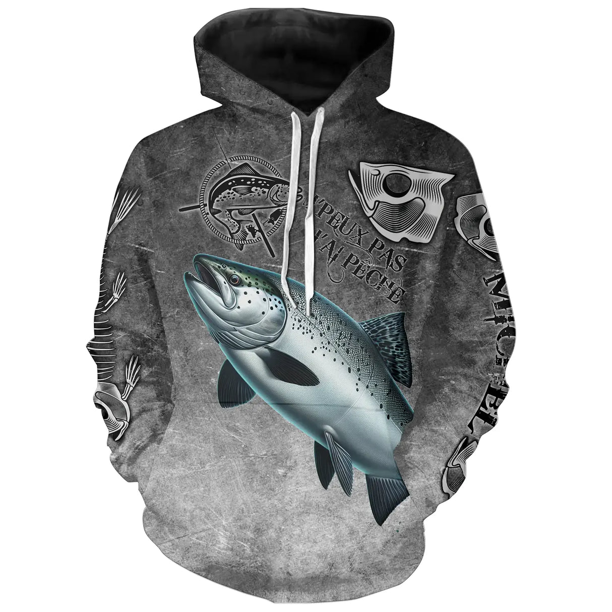 T-shirt all-over col rond pêche saumon humour, motif salmonidé et hameçons gris ardoise, accessoire personnalisable saumonier