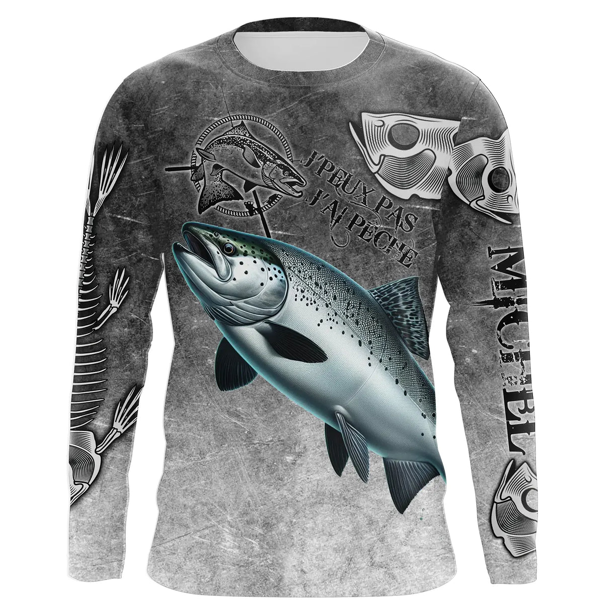 T-shirt anti UV manches longues pêche saumon humour, design gris patiné et saumon en action, vêtement halieutique saumonier