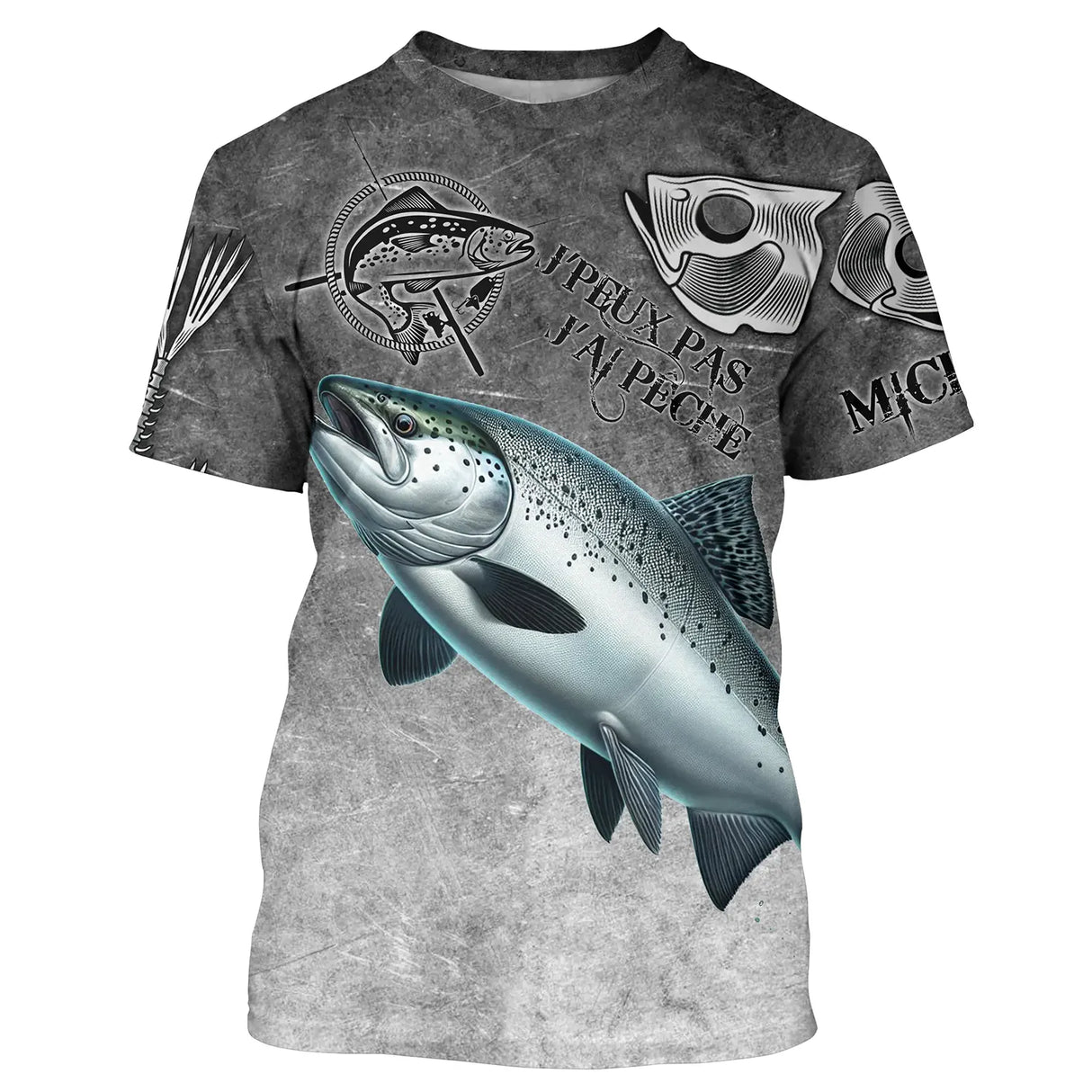 Sweat à capuche all-over pêche saumon humour, fond gris ardoise avec salmonidé et hameçons, vêtement chaud pour pêcheur