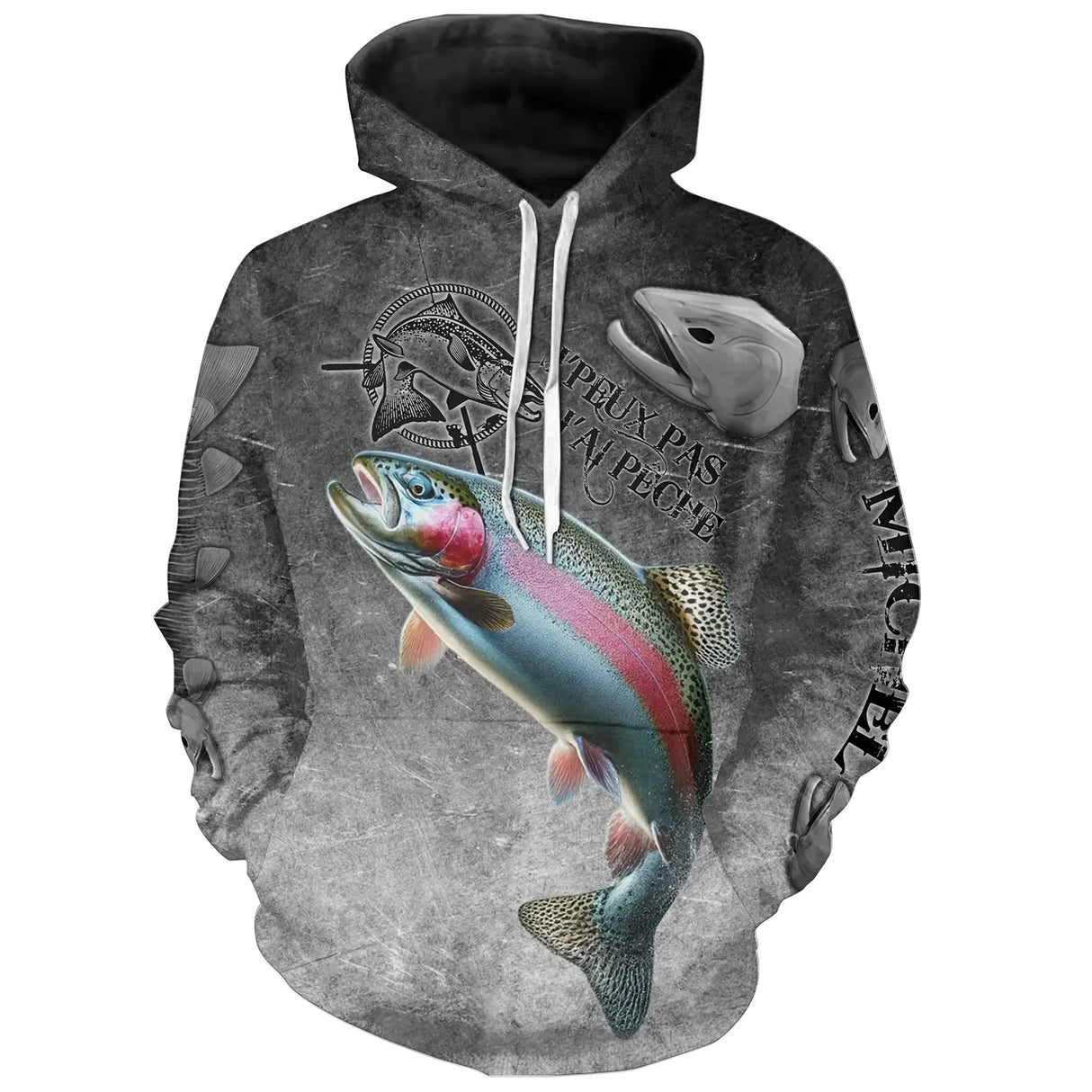 T-shirt all-over col rond pêche truite humour, motif arc-en-ciel et hameçons gris ardoise, accessoire personnalisable