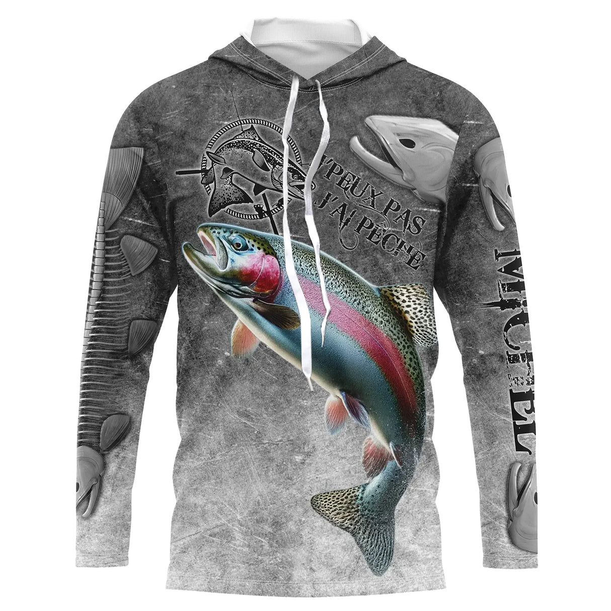 T-shirt anti UV à capuche pêche truite humour, fond gris ardoise avec truite arc-en-ciel et hameçons stylisés, prénom brodé