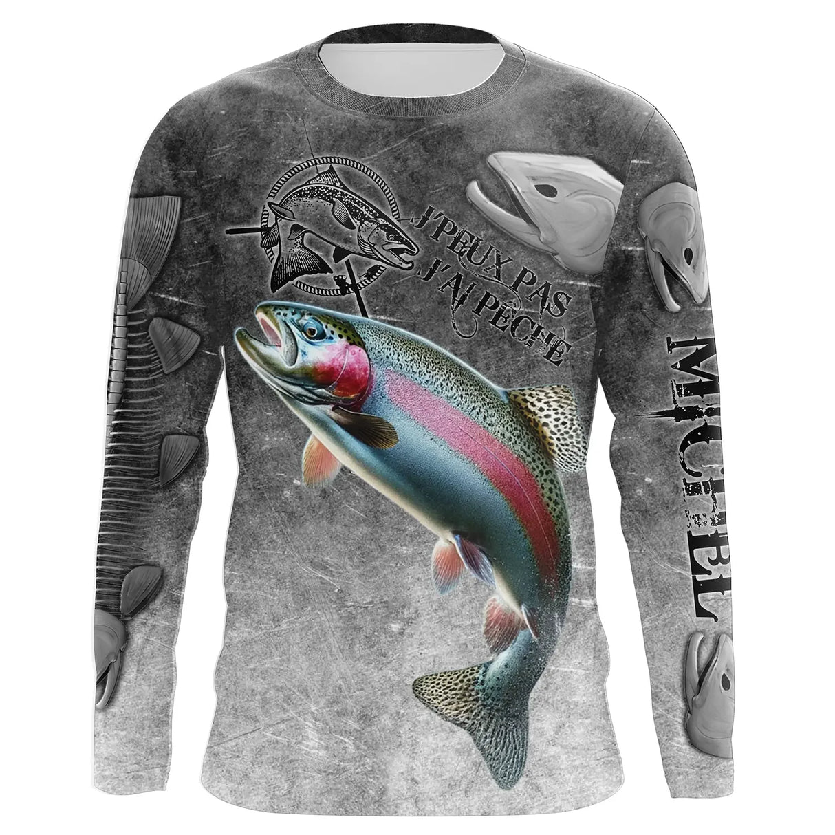 T-shirt anti UV manches longues pêche truite humour, design gris patiné et truite en action, vêtement halieutique moucheur