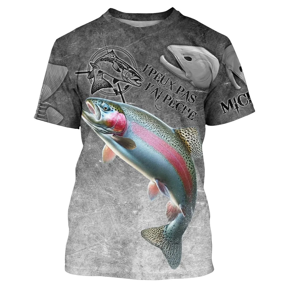 Sweat à capuche all-over pêche truite humour, fond gris ardoise avec arc-en-ciel et hameçons, vêtement chaud pour pêcheur
