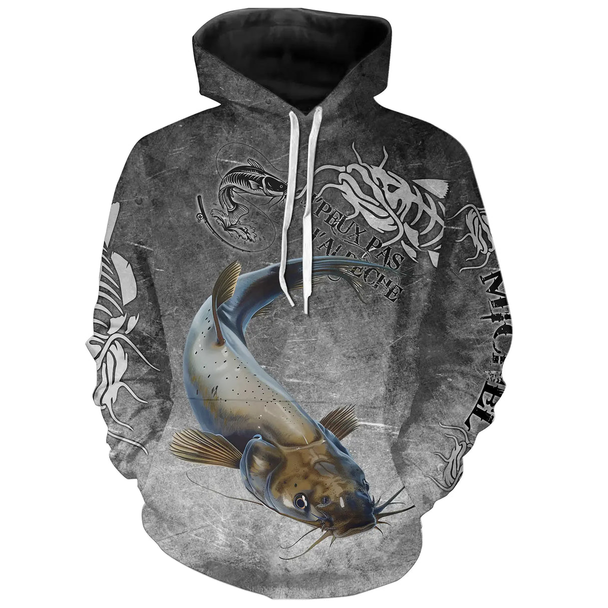T-shirt all-over col rond pêche silure humour, motif silure et hameçons gris ardoise, accessoire personnalisable silurophile