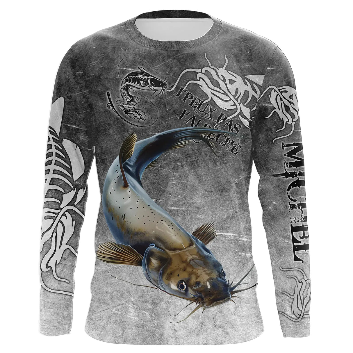 T-shirt anti UV manches longues pêche silure humour, design gris patiné et silure en action, vêtement halieutique silurophile
