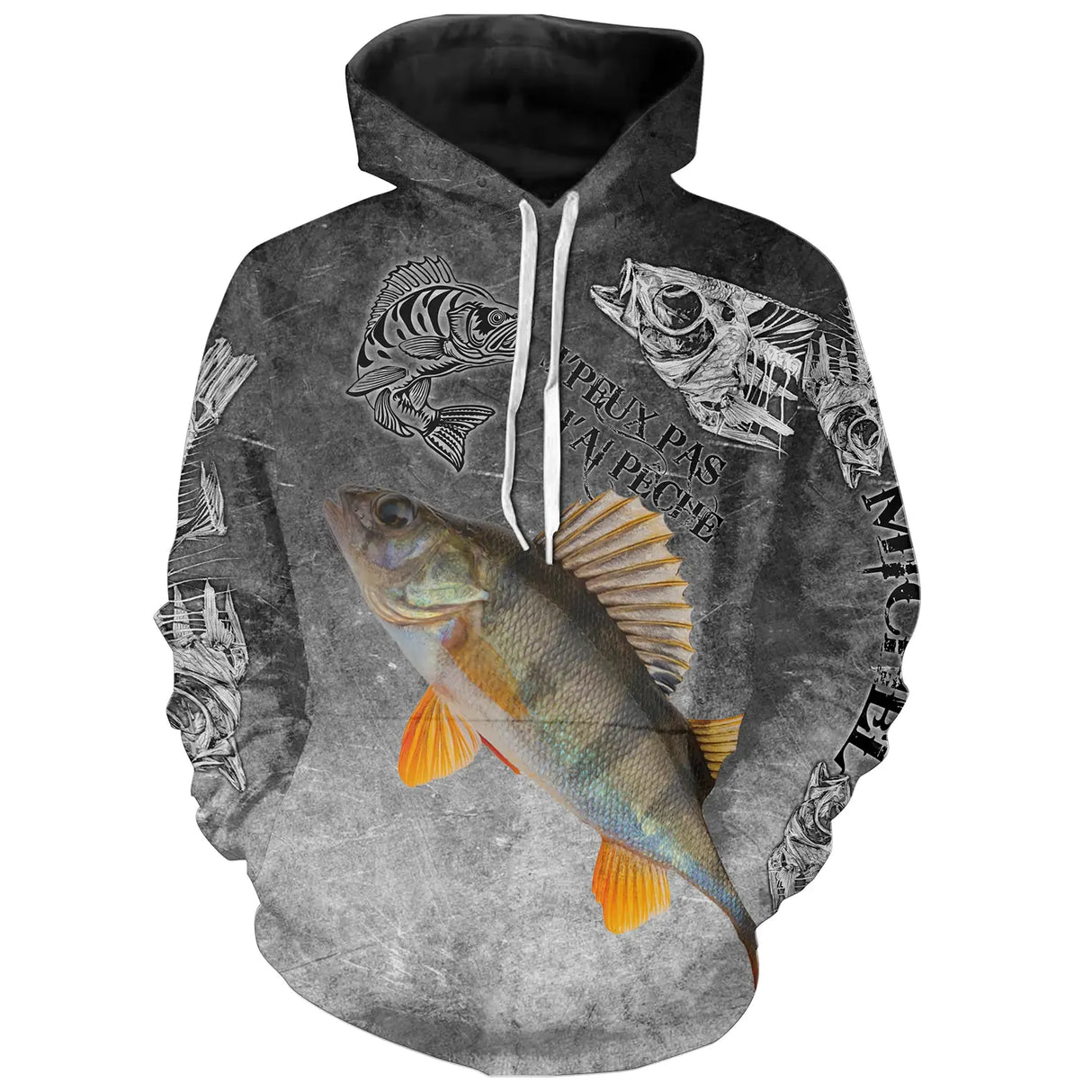 T-shirt all-over col rond pêche perche humour, motif perche et hameçons gris ardoise, accessoire personnalisable verticaleur