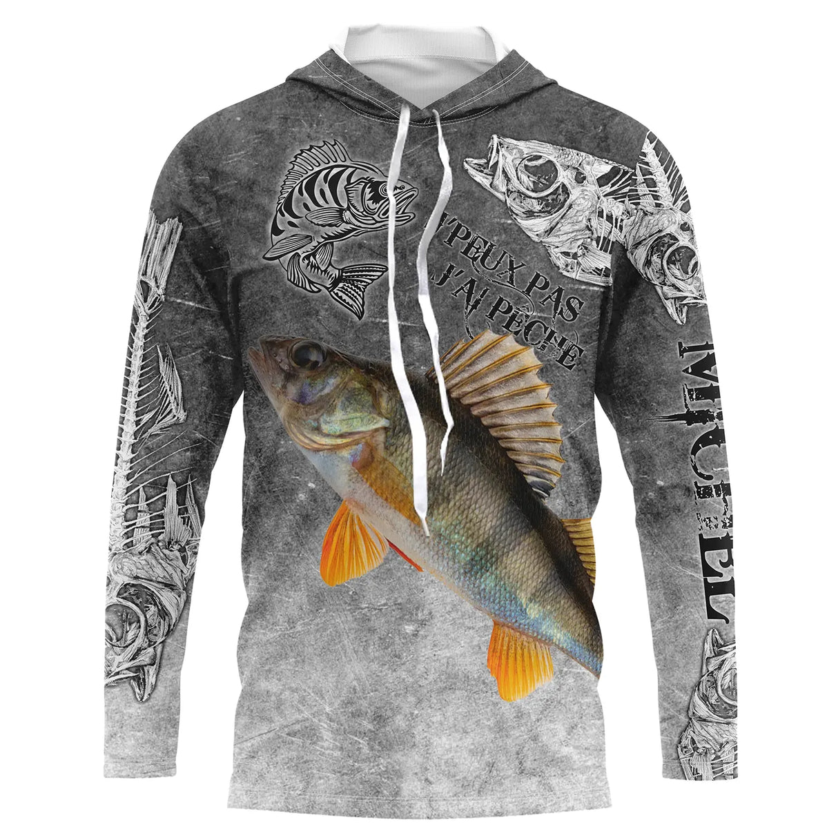 T-shirt anti UV à capuche pêche perche humour, fond gris ardoise avec perche rayée et hameçons stylisés, prénom brodé manche