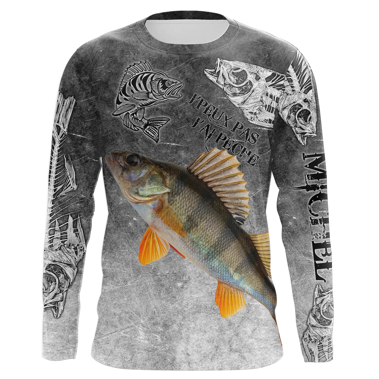 T-shirt anti UV manches longues pêche perche humour, design gris patiné et perche en action, vêtement halieutique pêcheur