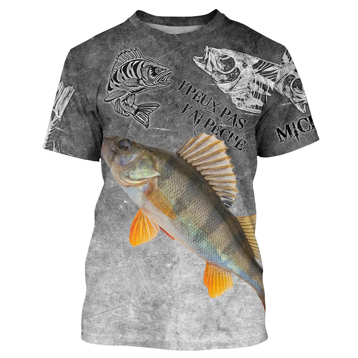 Sweat à capuche all-over pêche perche humour, fond gris ardoise avec perche rayée et hameçons, vêtement chaud pêcheur