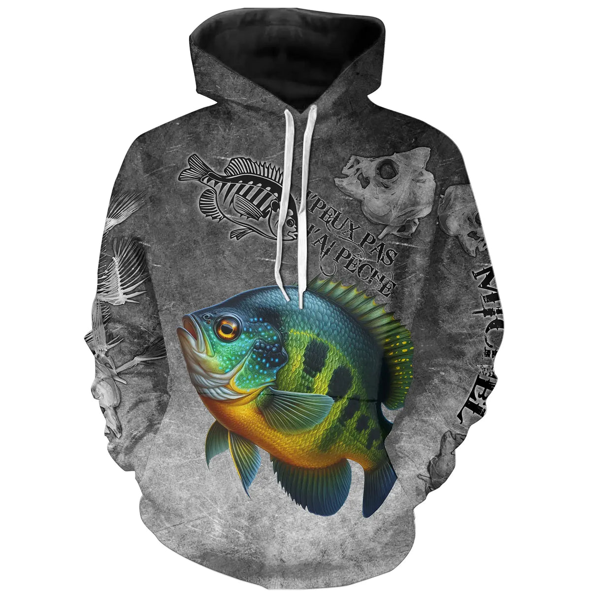 T-shirt all-over col rond pêche crapet humour, motif sunfish et hameçons gris ardoise, accessoire personnalisable pêcheur