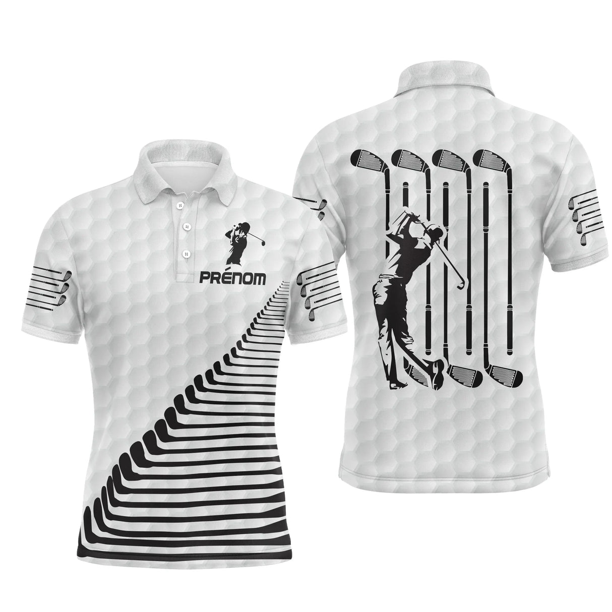 Polo golf personnalisé blanc noir avec silhouette golfeur en swing et lettrage GO au dos, prénom sur manche