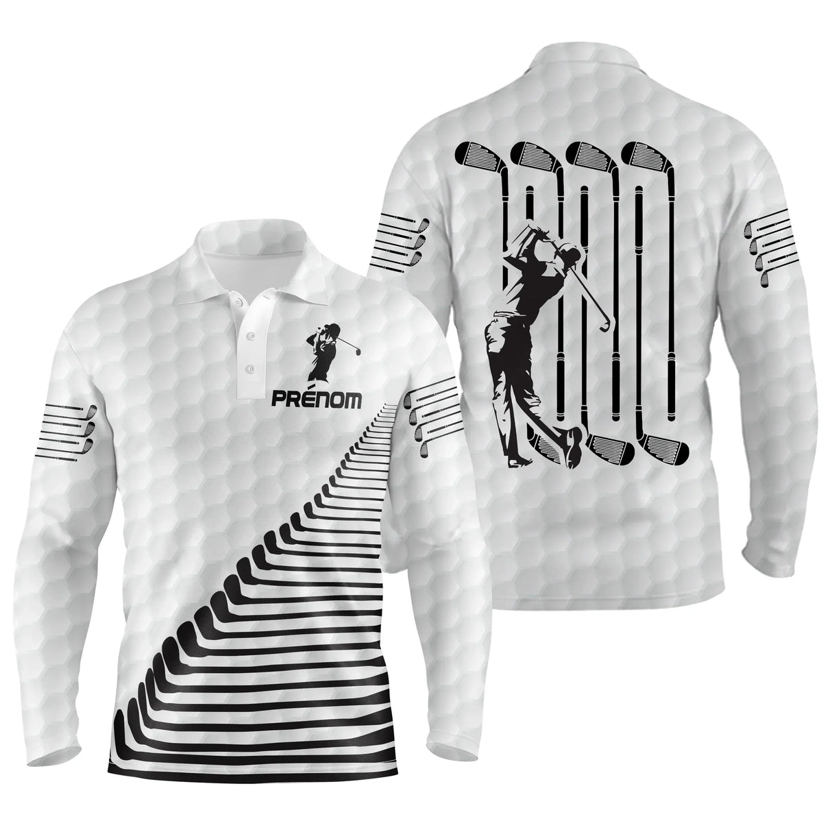 Polo golf manches longues unisexe silhouette golfeur, design minimaliste avec prénom imprimé manche