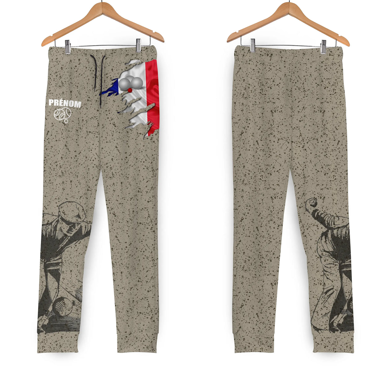 Pantalon all-over pétanque tricolore beige design France joueur silhouette et logo amicale