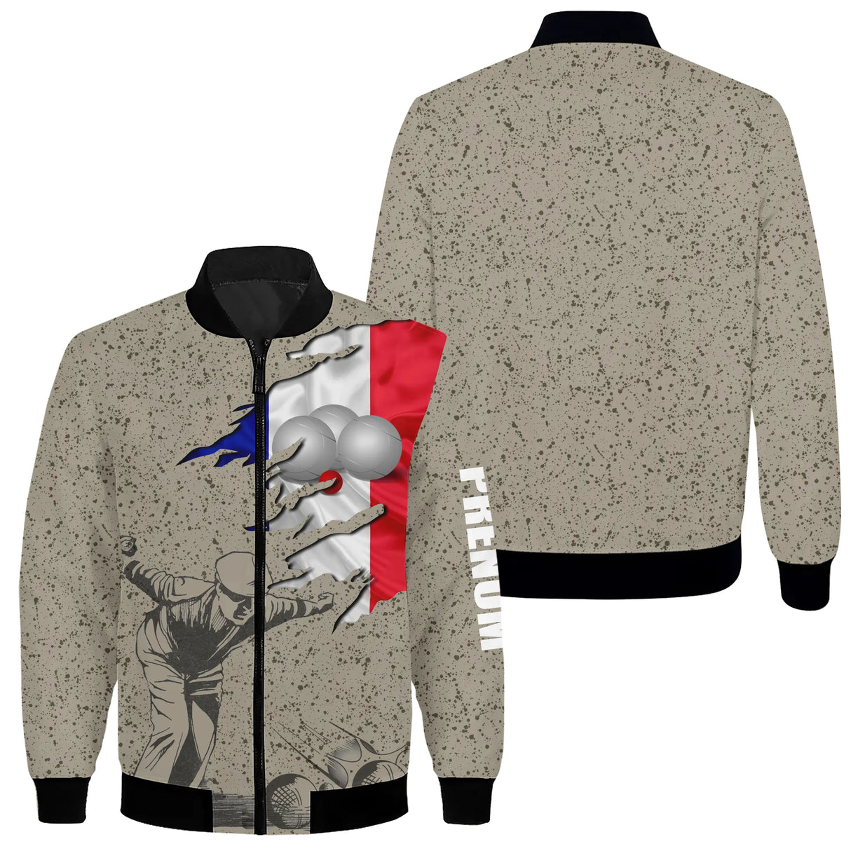 Veste zippée pétanque tricolore beige design drapeau France boules et silhouette bouliste