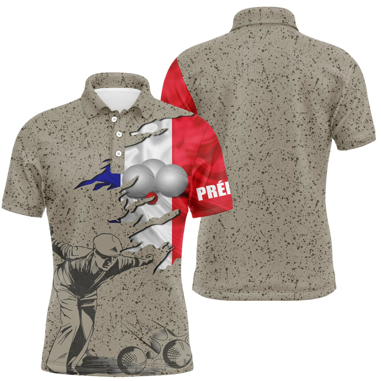 Polo pétanque Femme beige tricolore avec drapeau français déchiré boules et joueur silhouette