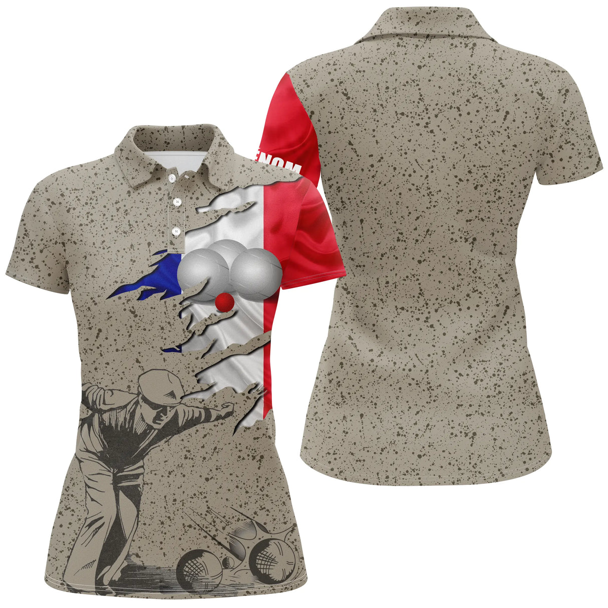 Polo pétanque Homme beige avec drapeau France déchiré boules métalliques et bouliste lancer