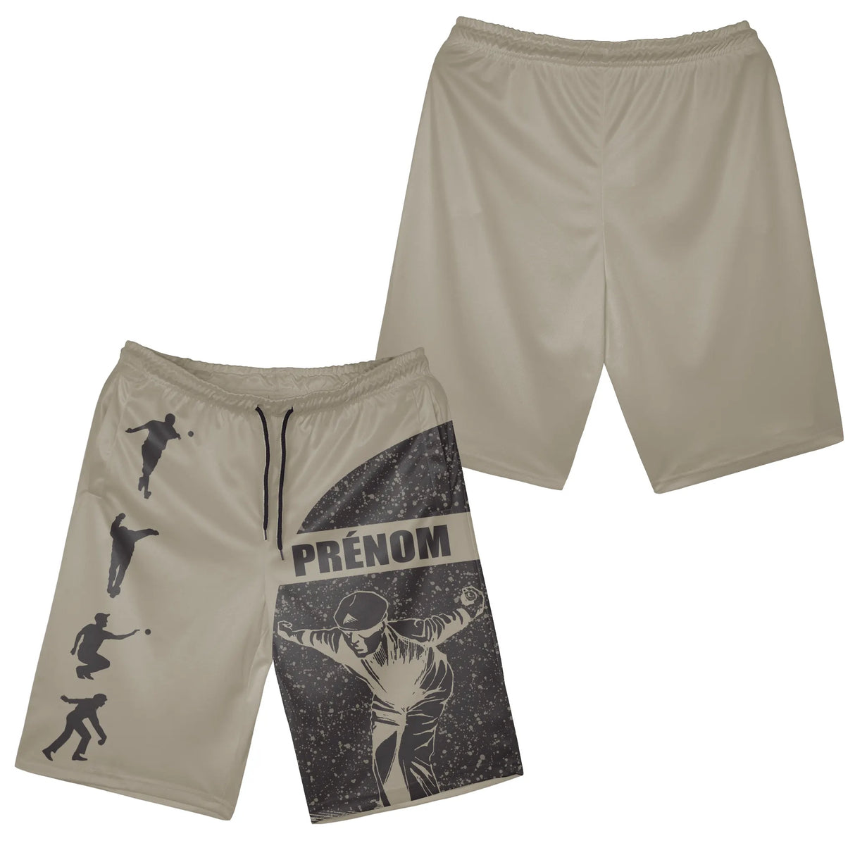 Short all-over pétanque kaki sable avec silhouettes de joueurs en lancer et prénom personnalisé