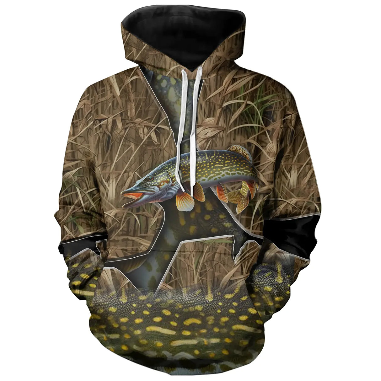 Sweat à capuche zippé all-over pêche brochet camouflage roseau motif carnassier