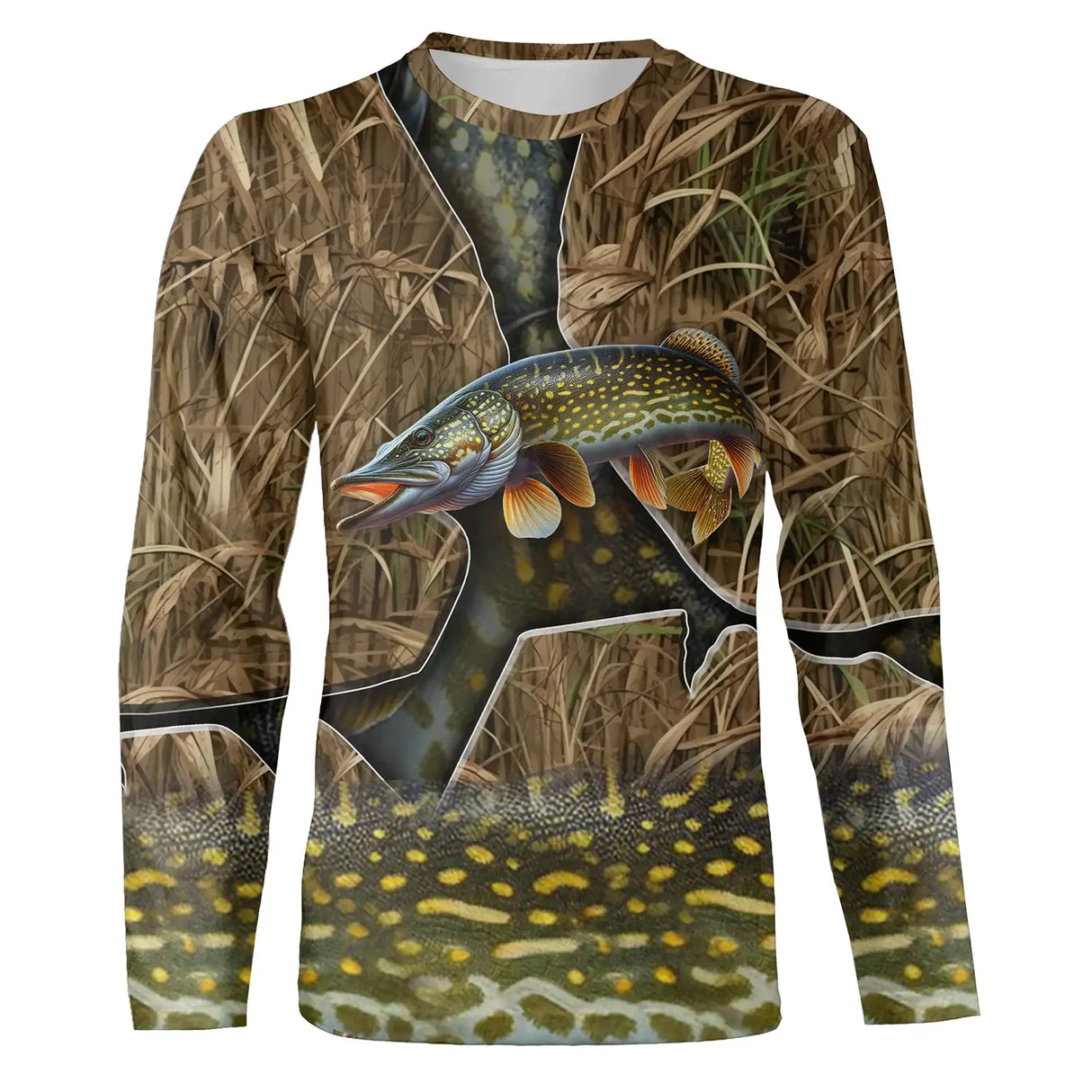 T-shirt manches longues pêche brochet camouflage roseau motif carnassier