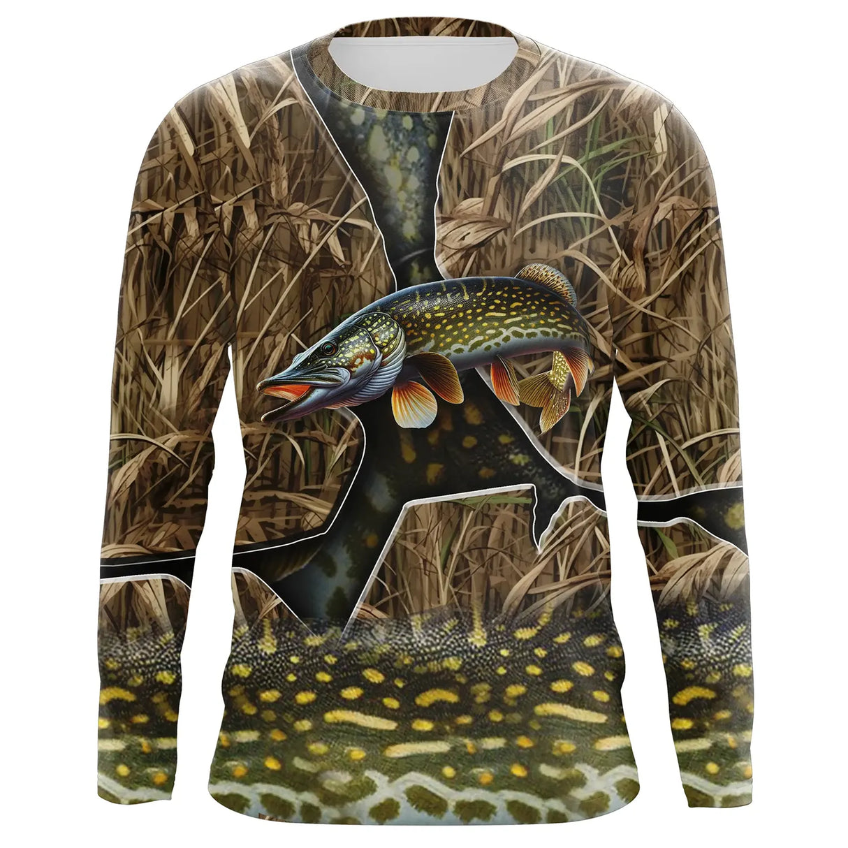 T-shirt all-over pêche brochet camouflage roseau motif carnassier vert tacheté photoréaliste