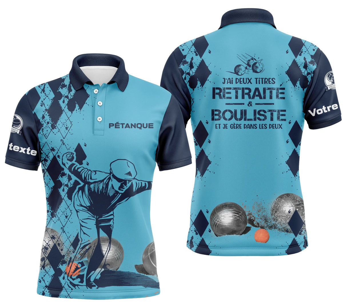 Polo pétanque sable beige manche texte personnalisé sublimation intégrale design damier
