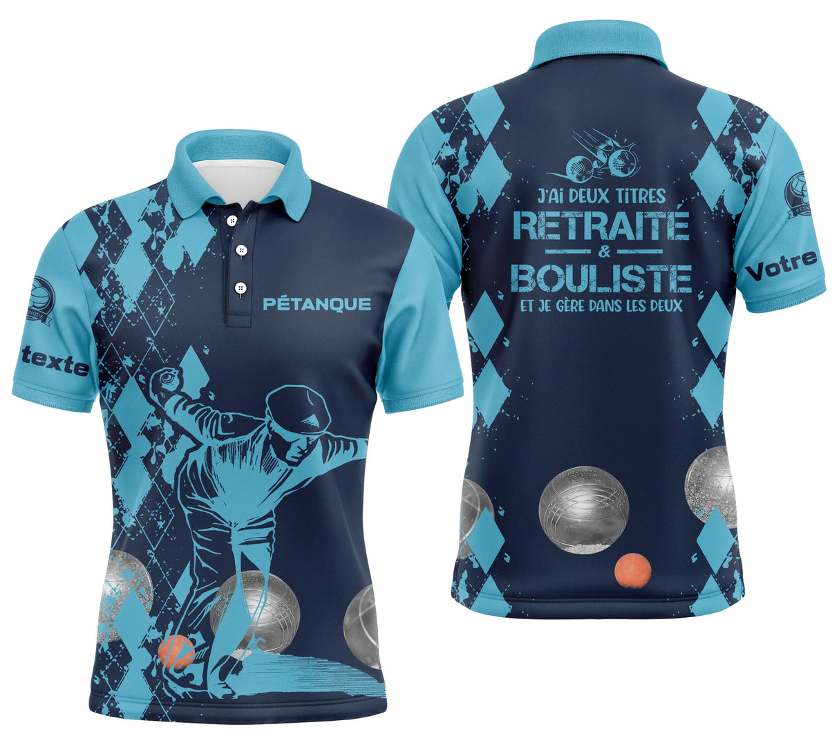 Polo pétanque sable beige vue trois quarts damier silhouette joueur lancer raffiné élégant