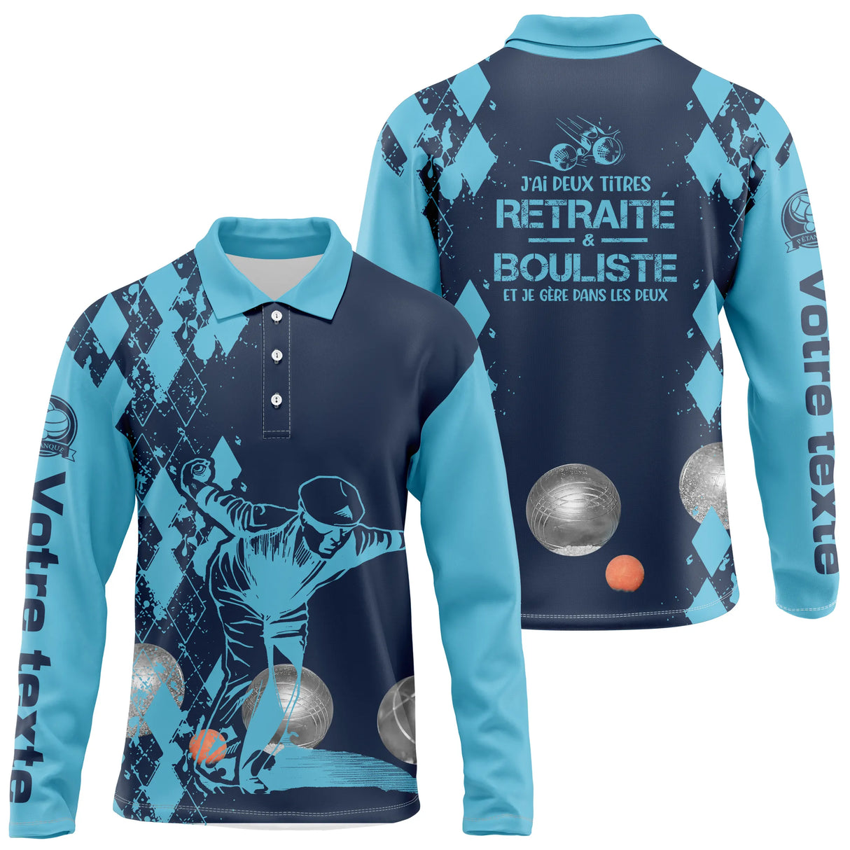 Polo pétanque sable beige variante coloris design retraité bouliste damier silhouette joueur