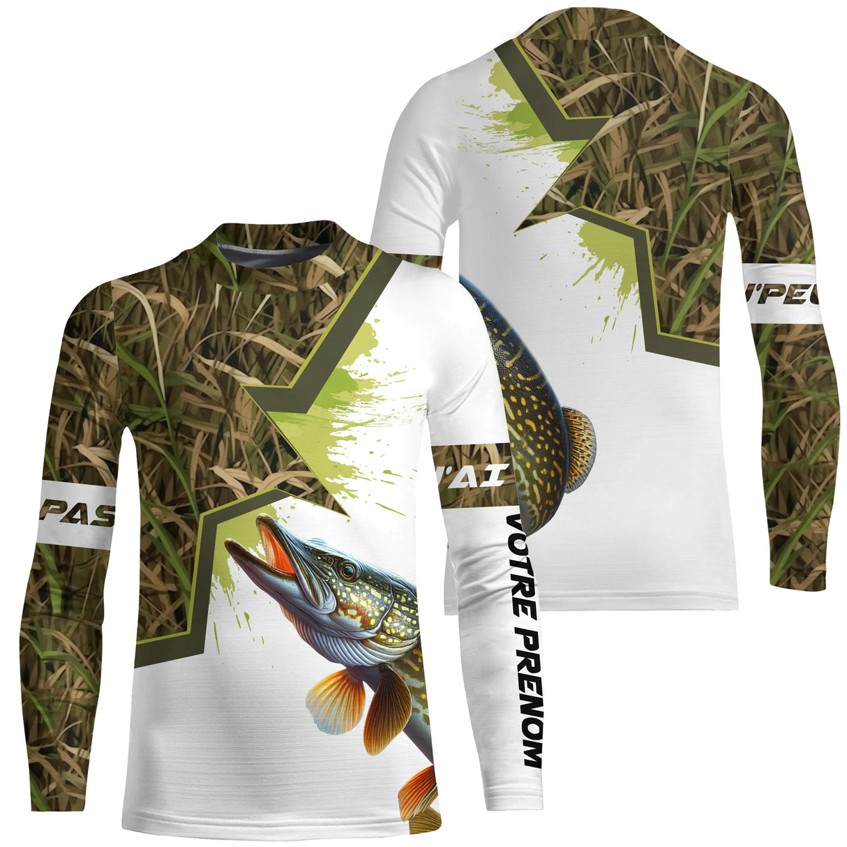 T-shirt pêche brochet camouflage roseaux motif brochet vert all-over prénom personnalisé pêcheur eau douce
