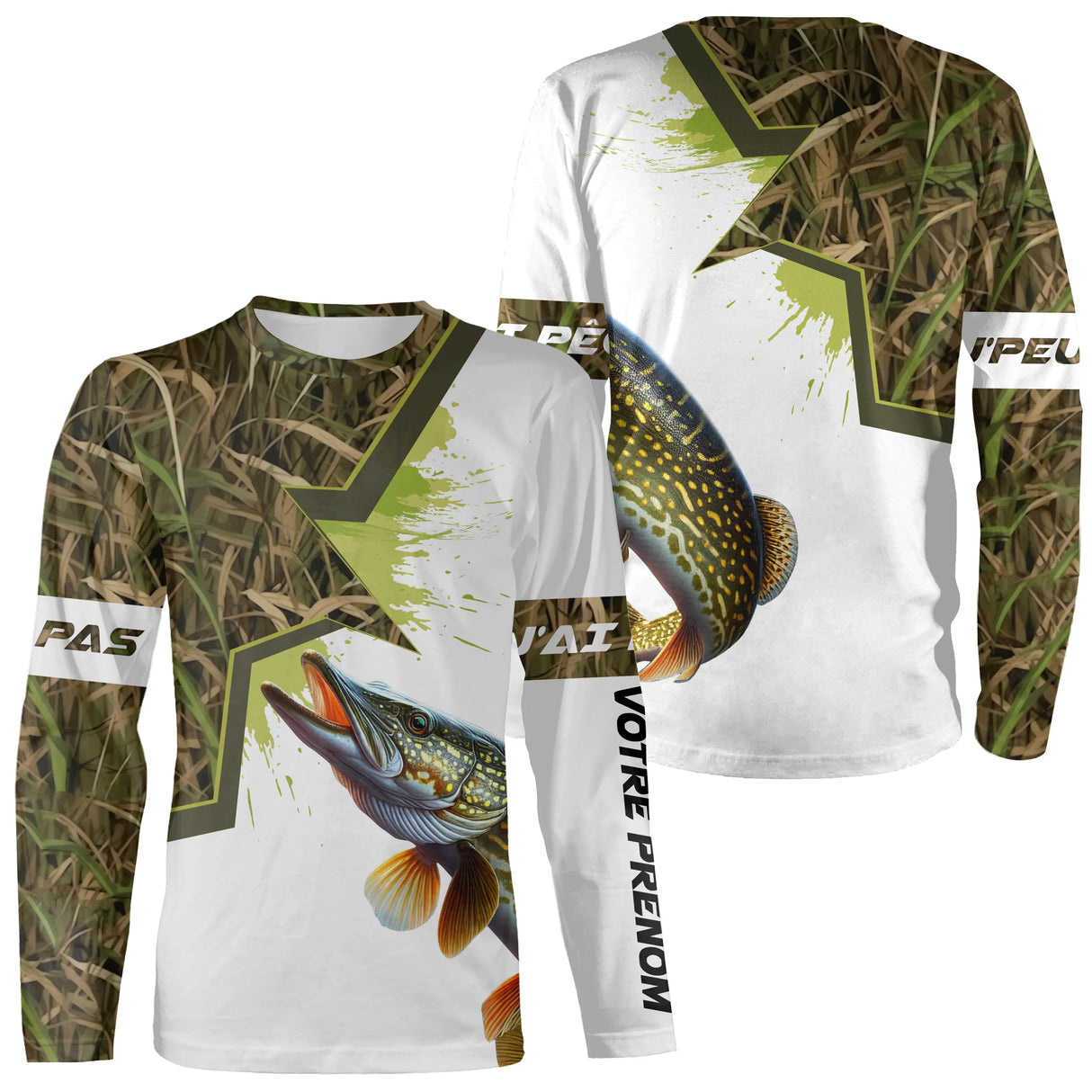 T-shirt manches longues pêche brochet all-over camouflage roseaux motif brochet mâchoire ouverte prénom personnalisé