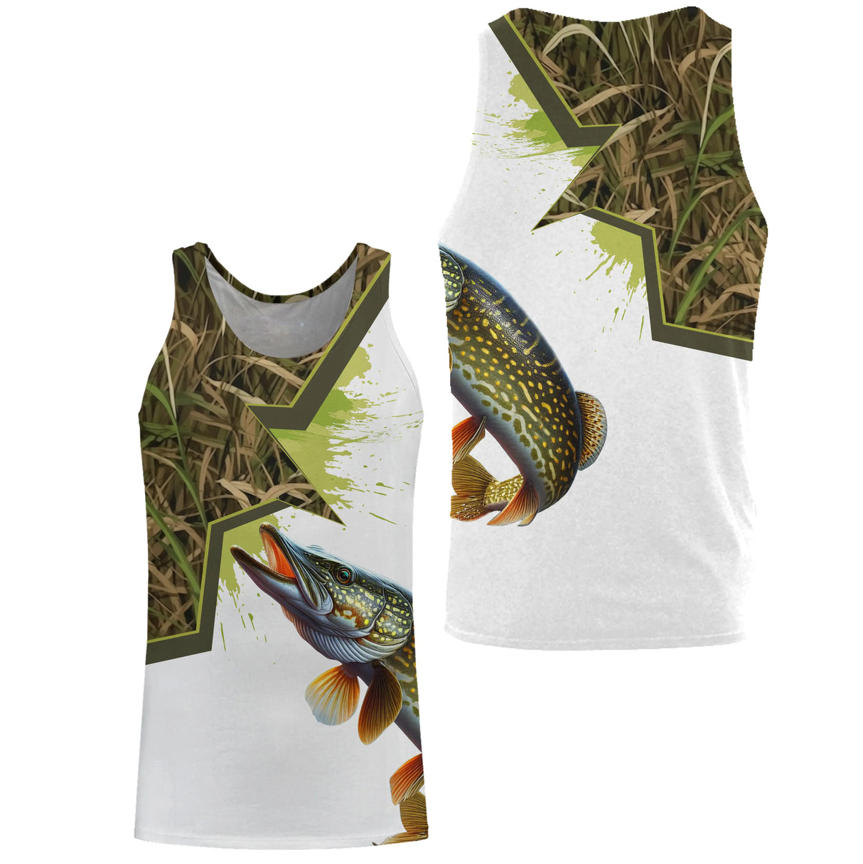 Sweat capuche pêche brochet all-over camouflage marais vert brun motif brochet vert pêcheur prénom personnalisé