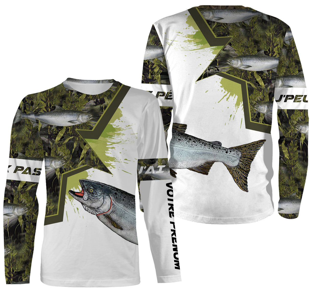 Sweat zippé pêche saumon camouflage marais motif saumon atlantique all-over prénom personnalisé moucheur rivière
