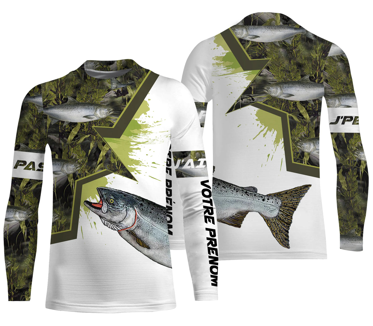 T-shirt halieutique saumon all-over camouflage vert brun motif saumon en remontée pêcheur prénom personnalisé