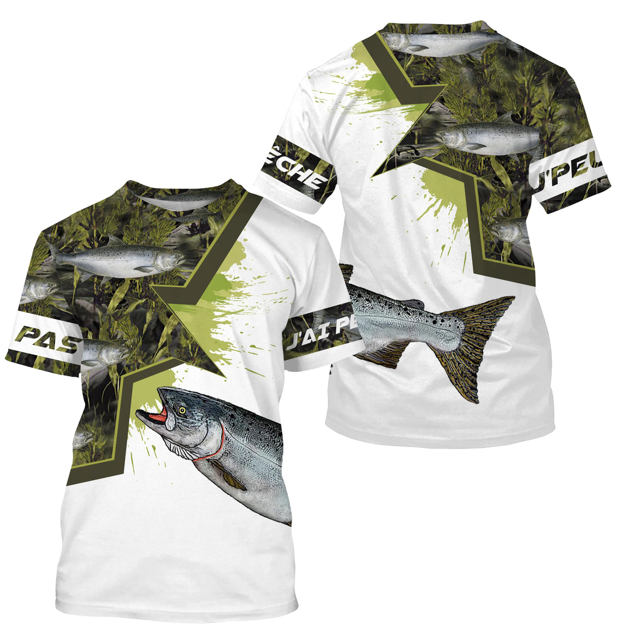 T-shirt manches longues pêche saumon all-over camouflage roseaux motif saumon argenté prénom personnalisé moucheur