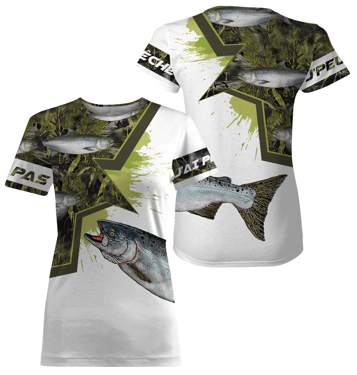 Sweat capuche pêche saumon all-over camouflage marais vert brun motif saumon argenté pêcheur prénom personnalisé