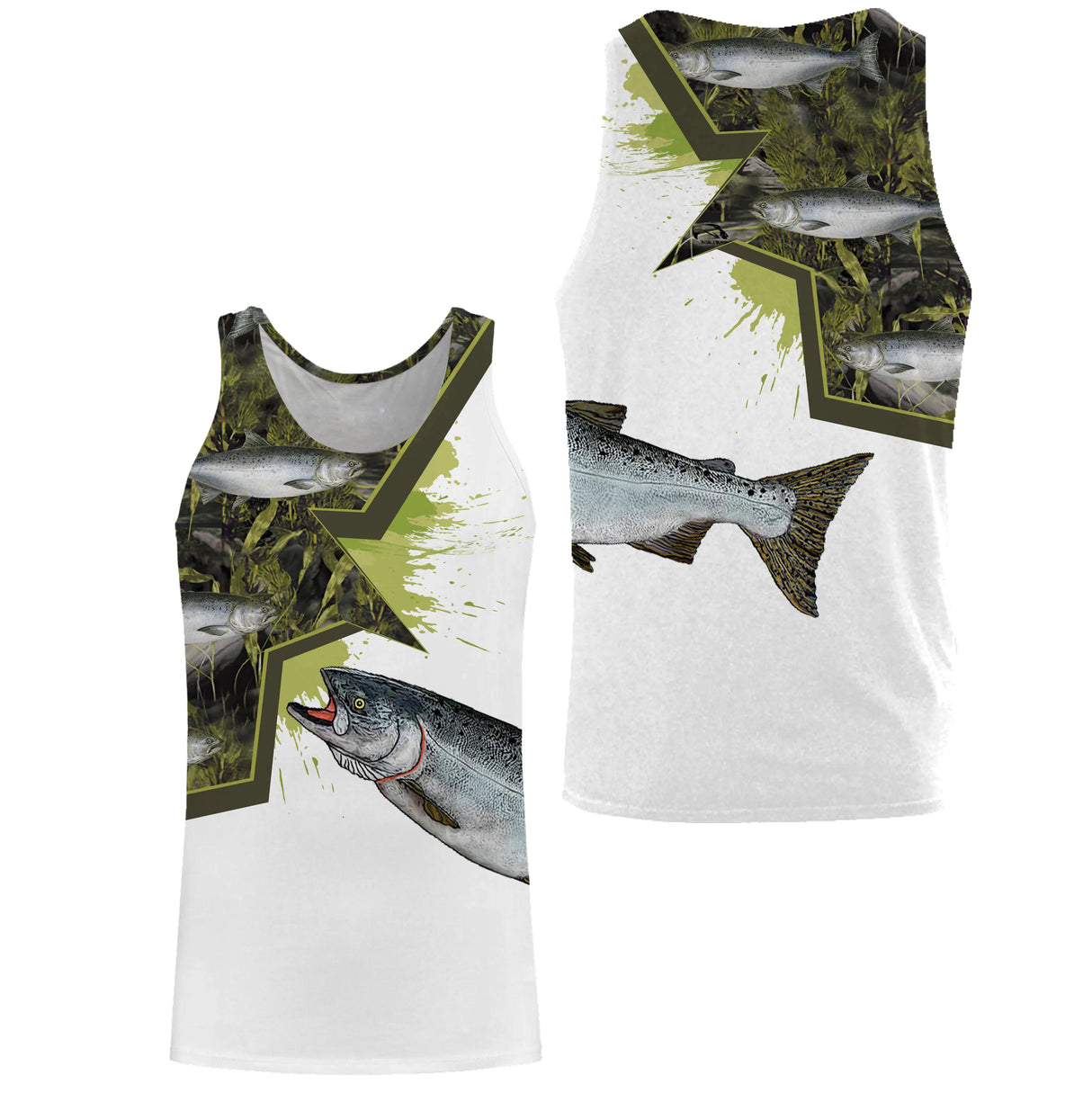 T-shirt pêche saumon camouflage roseaux motif saumon bleuté all-over prénom personnalisé pêcheur gave printanier
