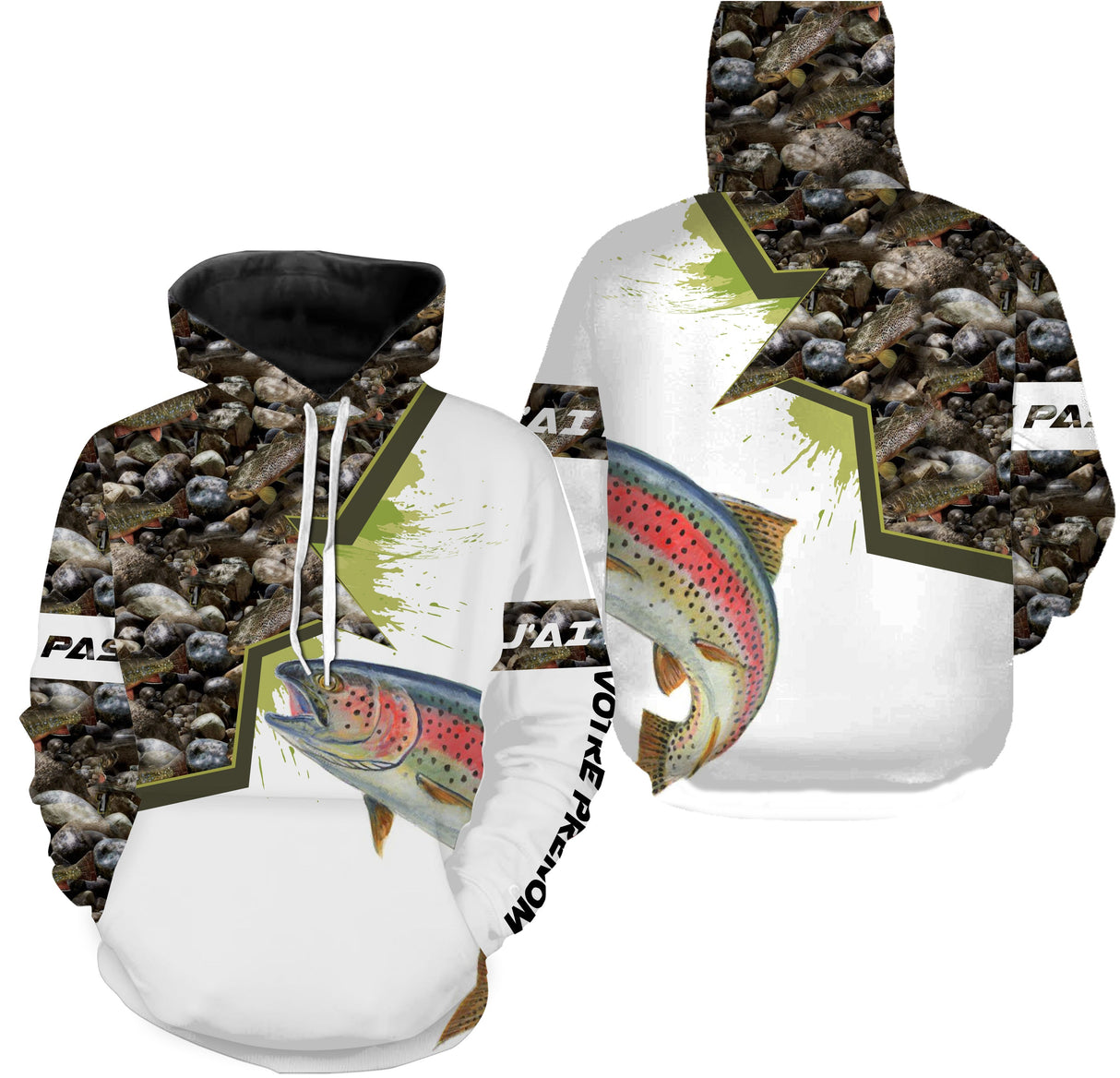 Maillot pêche truite all-over camouflage marais motif truite arc-en-ciel torrent montagne pêcheur prénom personnalisé