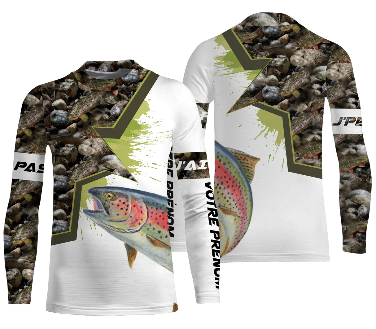 Hoodie pêche truite all-over camouflage marais motif truite arc-en-ciel argentée pêcheur prénom personnalisé moucheur