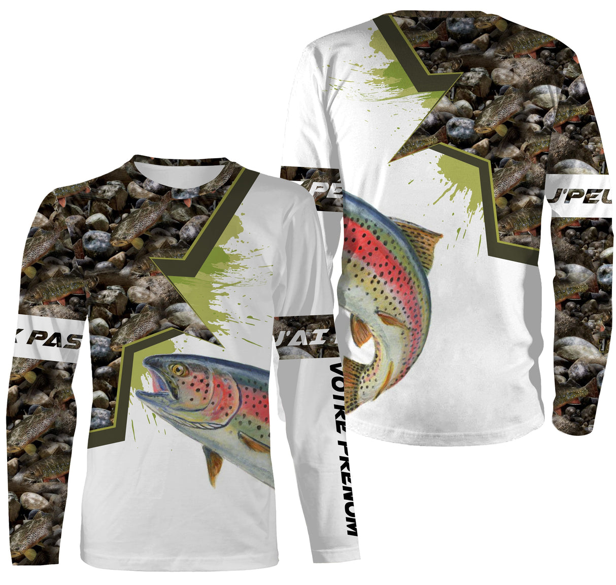Sweat capuche pêche truite all-over camouflage marais vert brun motif truite arc-en-ciel pêcheur prénom personnalisé