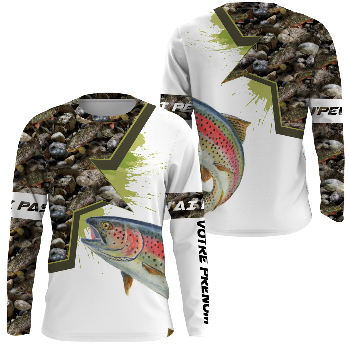 T-shirt pêche truite camouflage roseaux motif truite arc-en-ciel rose all-over prénom personnalisé pêcheur torrent