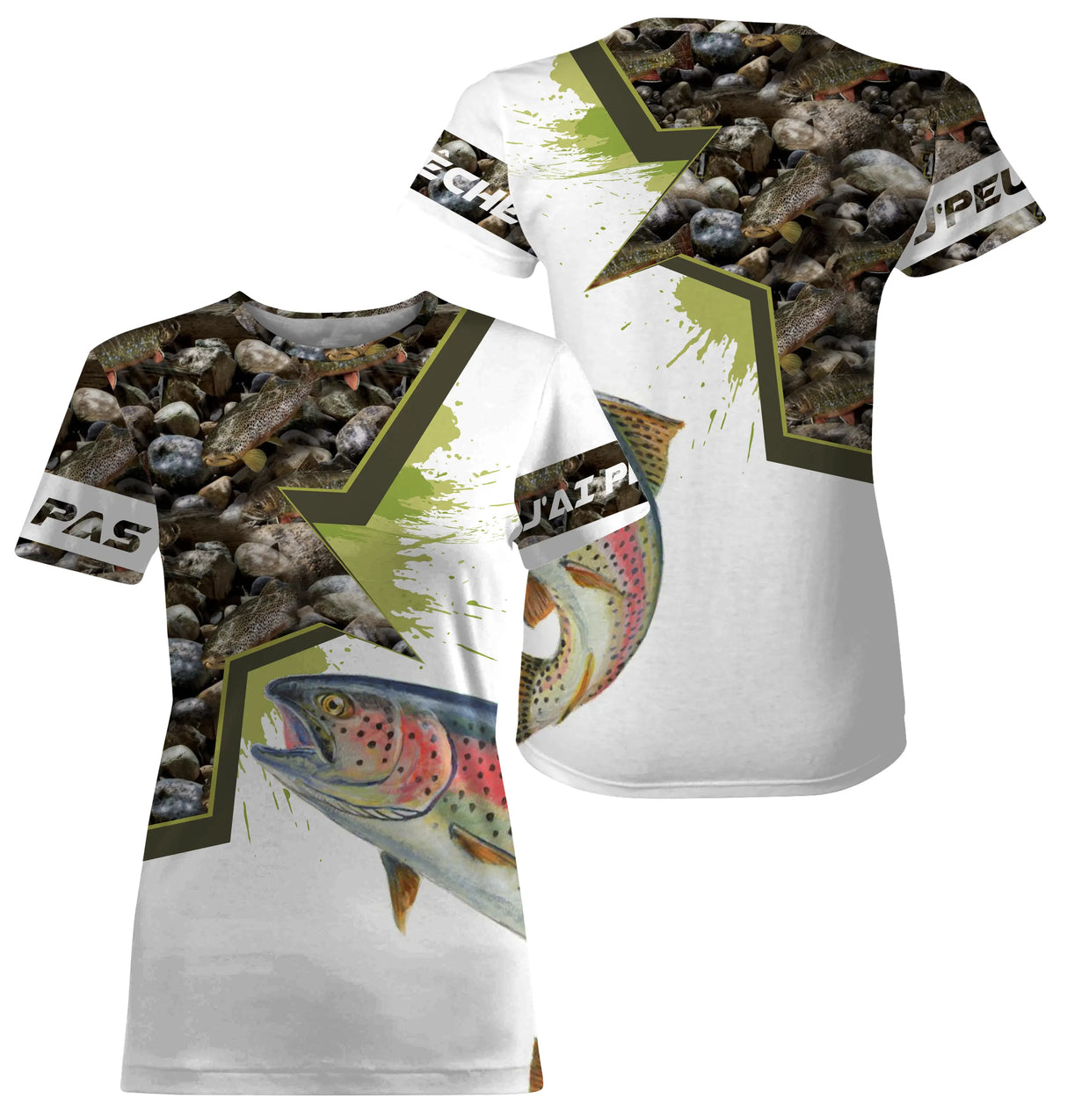 T-shirt manches longues pêche truite all-over camouflage roseaux motif truite arc-en-ciel prénom personnalisé moucheur