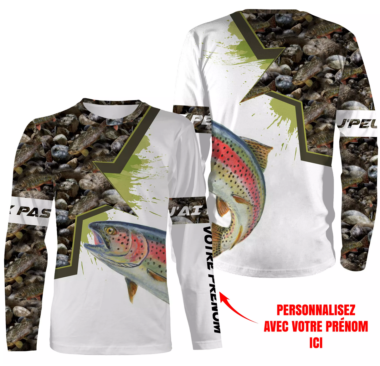 T-shirt all-over pêche truite camouflage marais vert et brun motif truite arc-en-ciel rose argenté prénom personnalisé