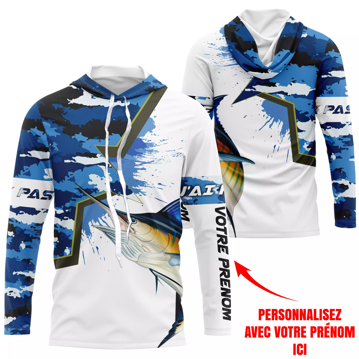 Sweat UV pêche marlin all-over camouflage marine bleu profond motif marlin bleu rostré bondissant prénom personnalisé pêcheur