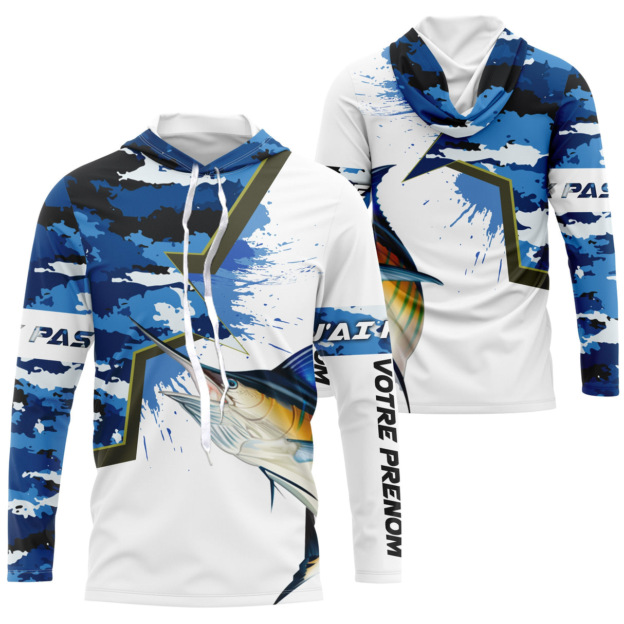 Sweat capuche pêche marlin UV camouflage marine motif marlin bleu rostré prénom personnalisé big game fishing