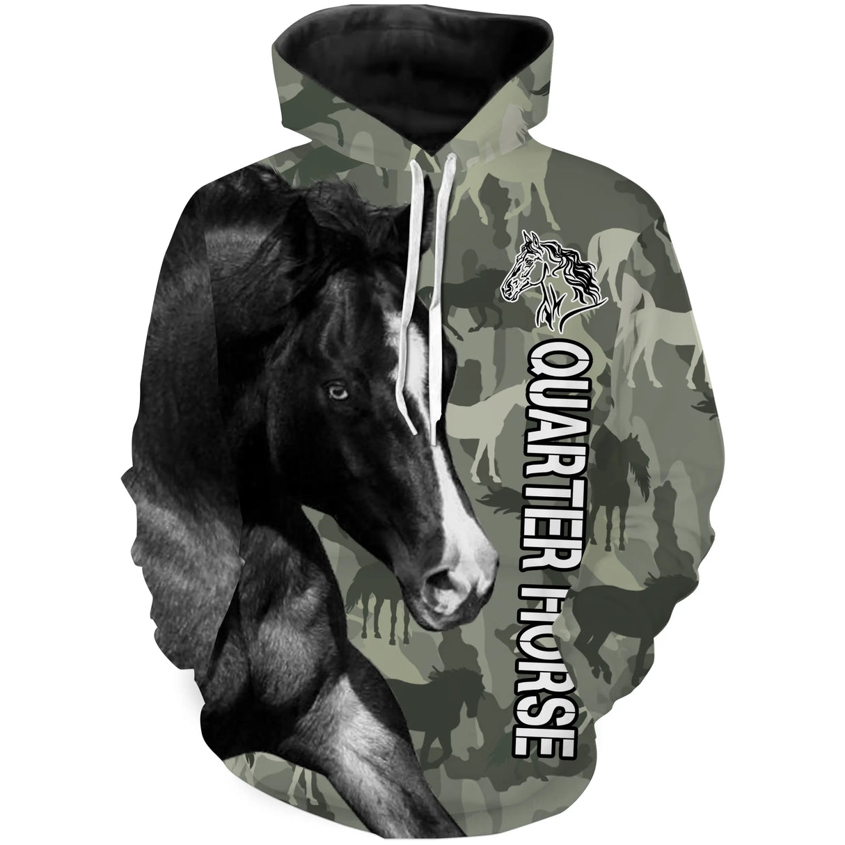 Sweat cheval Quarter Horse all-over camouflage forêt vert motif Quarter Horse noir gros plan silhouettes ornementées